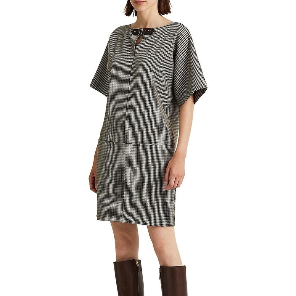 LAUREN RALPH LAUREN NWT Buckle Trim Houndstooth Jacquard Shift Dress Size Medium - Picture 3 of 15